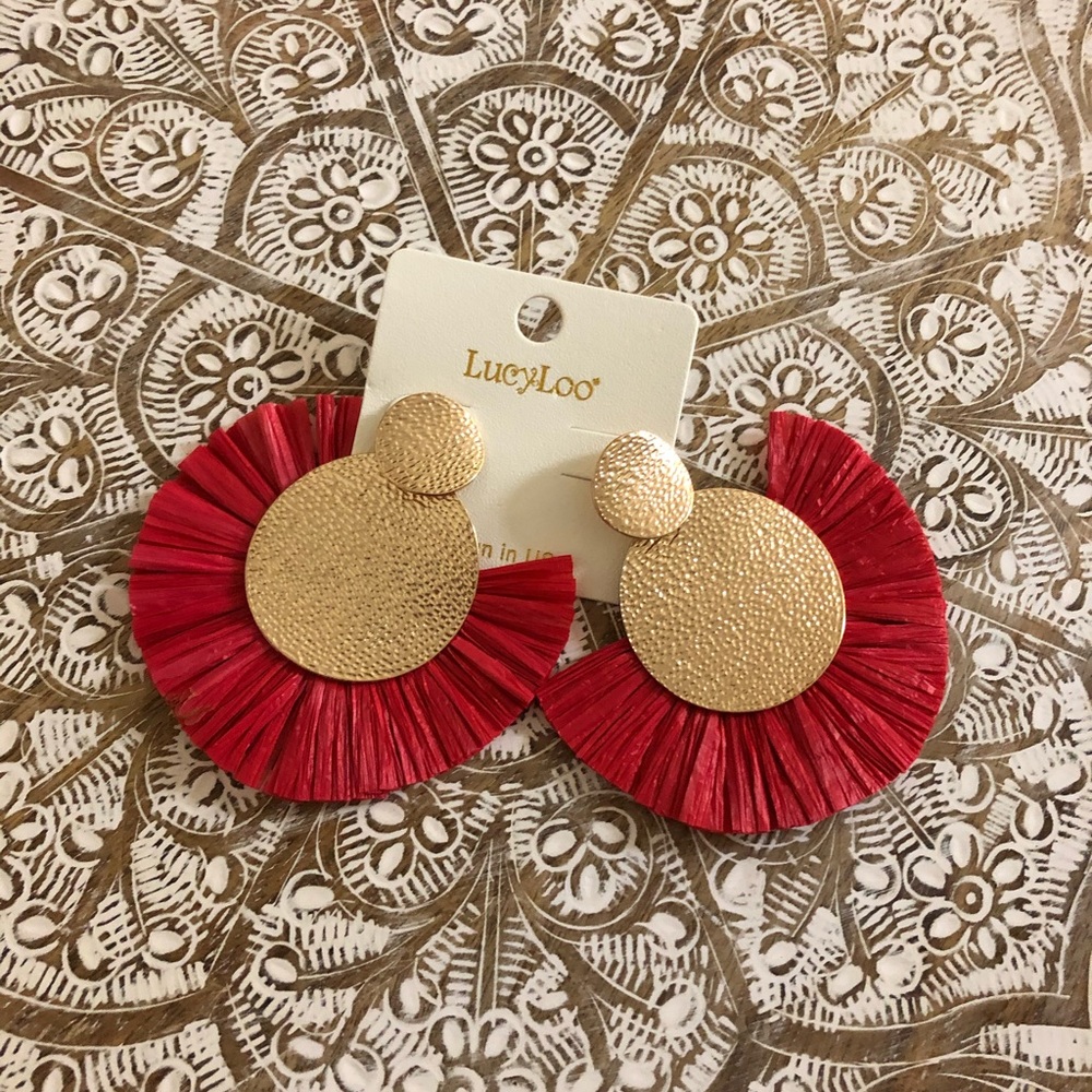 Brand New Red & Gold Raffia Statement Earrings - Picture 1 of 3
